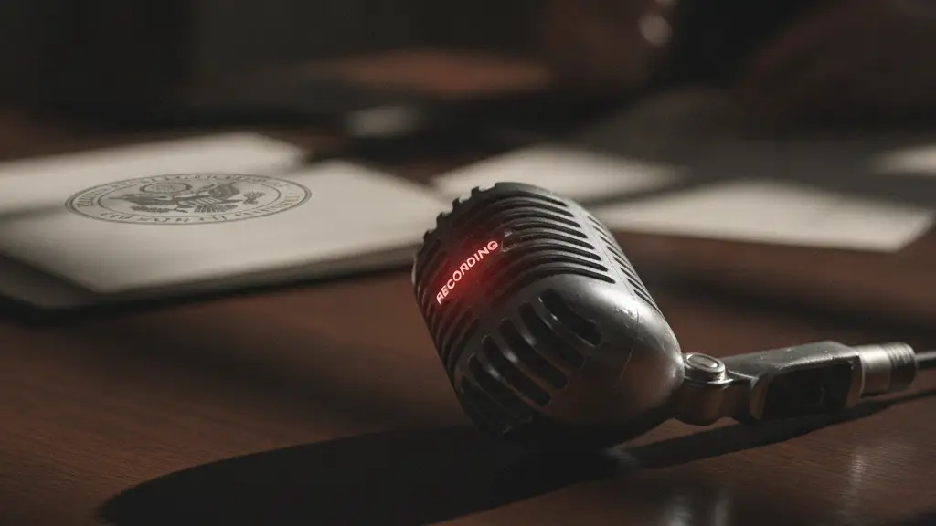 Vintage silver microphone with glowing red light on a dark wooden table.