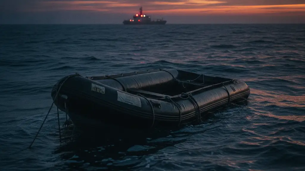 A deflated rubber dinghy partially submerged in dark, choppy water at dawn.