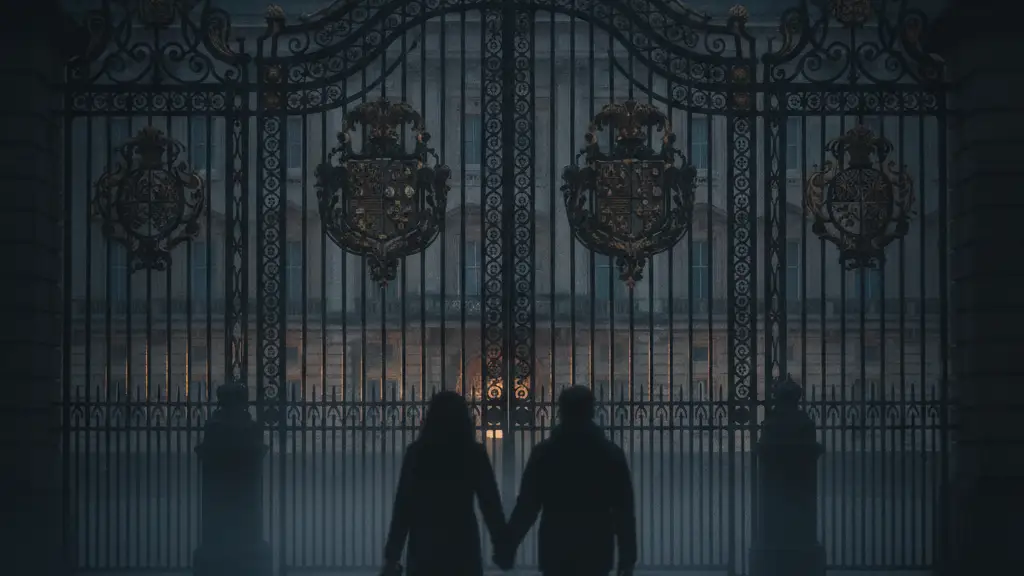 Blurred silhouettes of a couple holding hands, walking towards ornate palace gates.