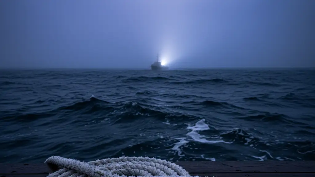 A coiled nautical rope on a wet pier at night under a distant searchlight.