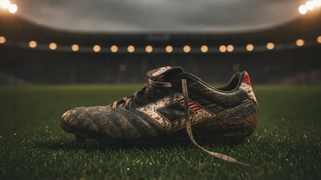A single, mud-splattered football boot rests on a green stadium pitch.