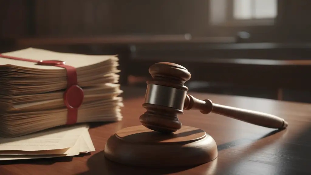 Judge's gavel resting on a polished wood surface with legal documents in a courtroom.