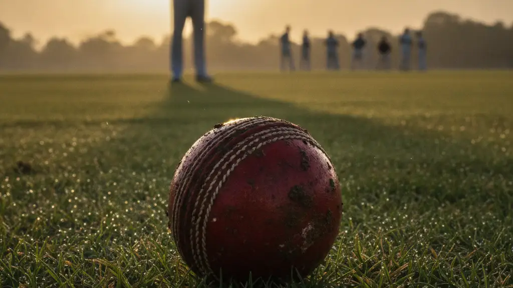 A scuffed cricket ball on grass, with a silhouetted umpire in the blurred background.