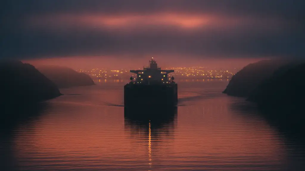 Silhouetted oil tanker in a misty strait at sunset, reflecting orange and purple light.