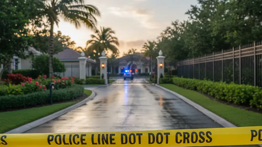 Police tape and blurred emergency lights at the perimeter of a luxury estate at dawn.