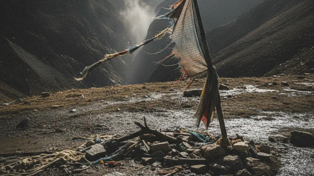 A tattered prayer flag on a muddy slope, mist rising from a valley.