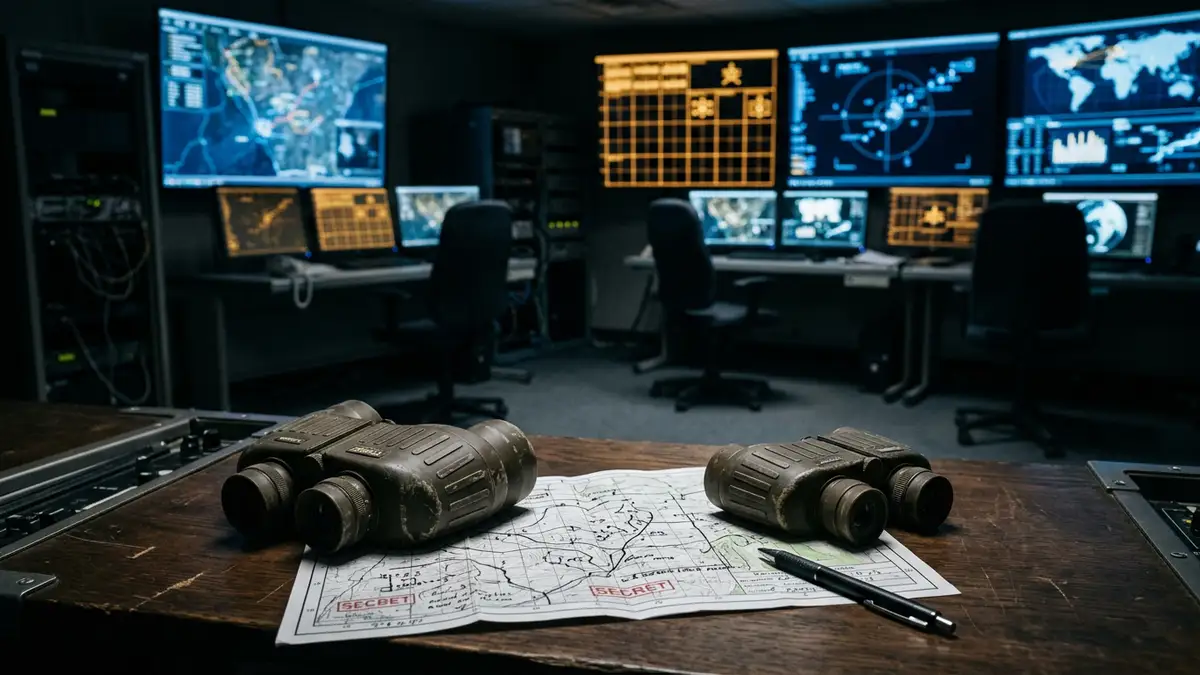 Military binoculars and a tactical map on a desk in a dimly lit command center.