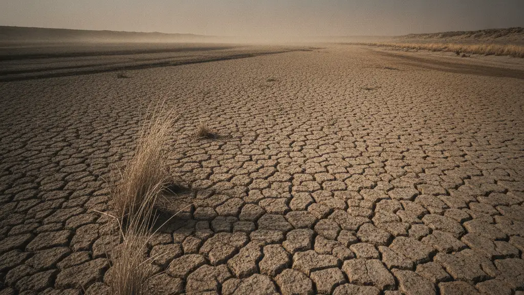 A vast, cracked, dry riverbed under a hazy, hot sky, symbolizing drought.