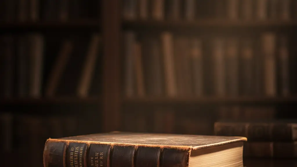 A worn, leather-bound book on a desk, illuminated by a single light.