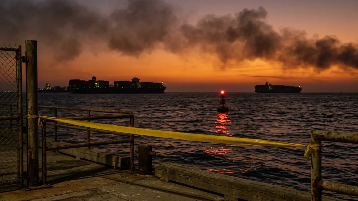Maritime exclusion tape on a pier with silhouettes of stalled cargo ships at sunset.