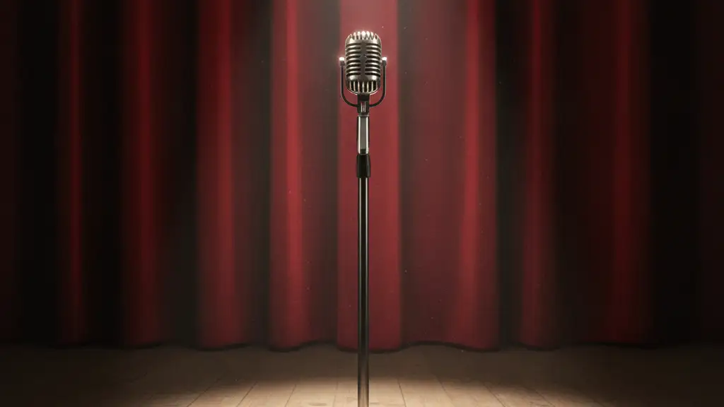 A vintage microphone stand under a single spotlight on an empty stage.