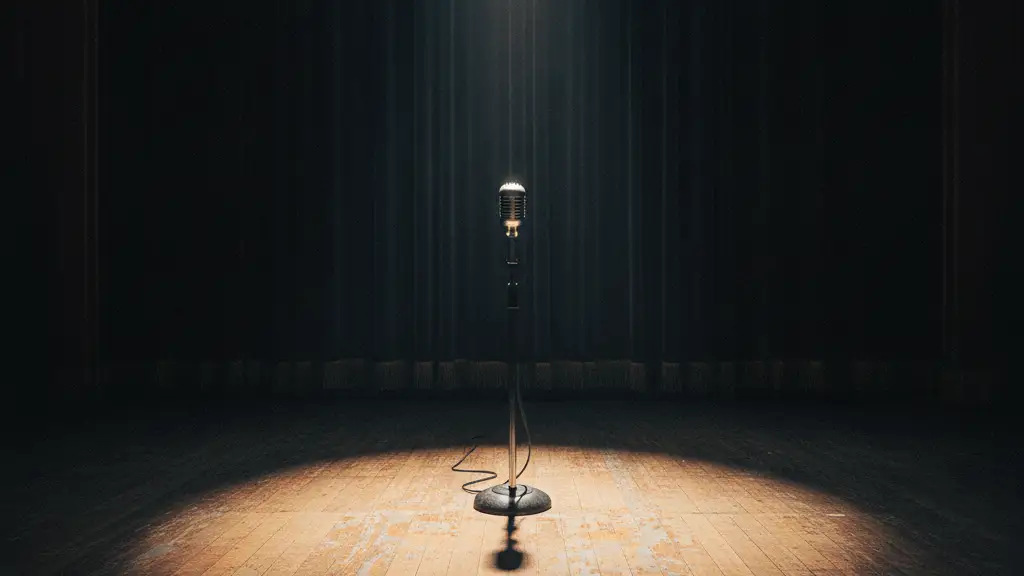 A lone microphone stand on an empty, dimly lit stage under a single spotlight.