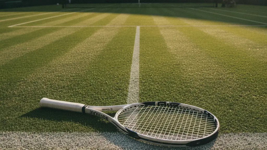 Tennis racket on Wimbledon grass, blurred grandstand in background.
