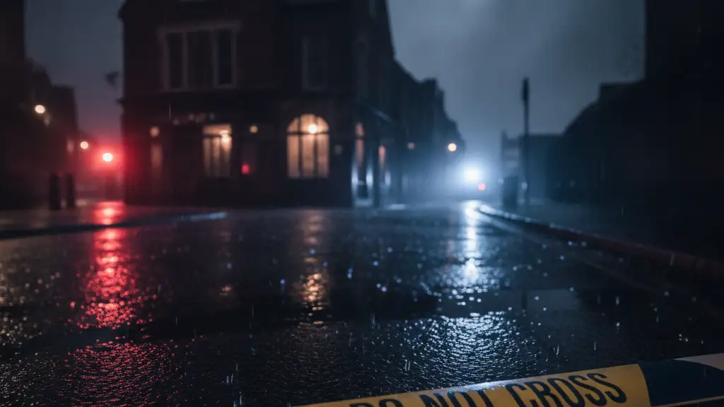 Rain-slicked street reflecting emergency lights, police tape in foreground.