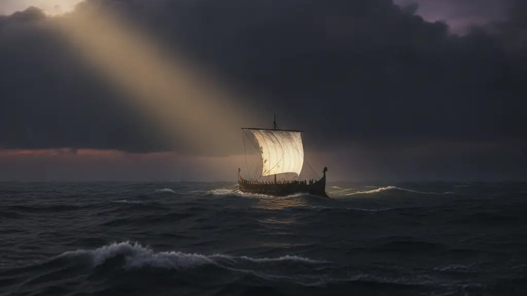 Ancient Greek ship silhouette against stormy ocean, dramatically lit.