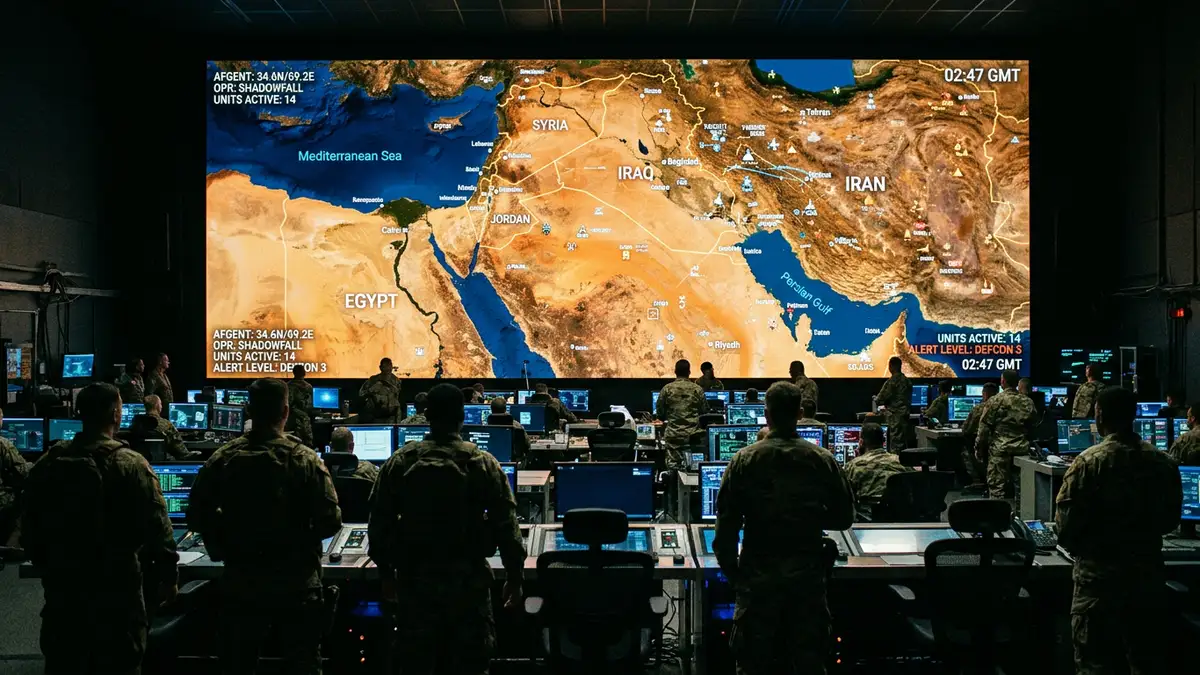 A glowing digital tactical map of the Middle East displayed in a dark command center.