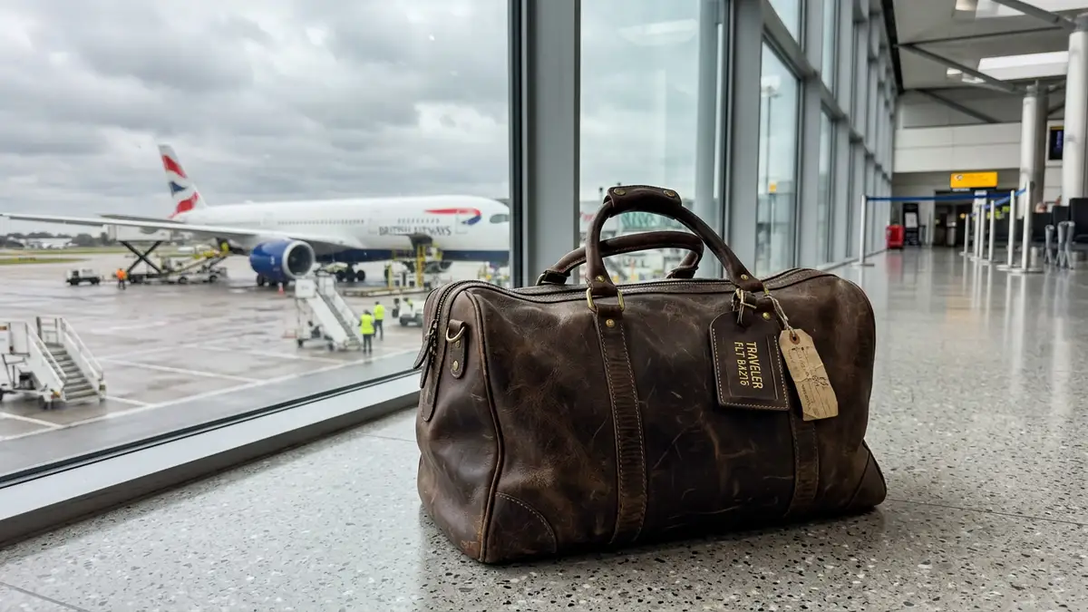 A leather suitcase sits on an airport floor with a blurred airplane in the background.