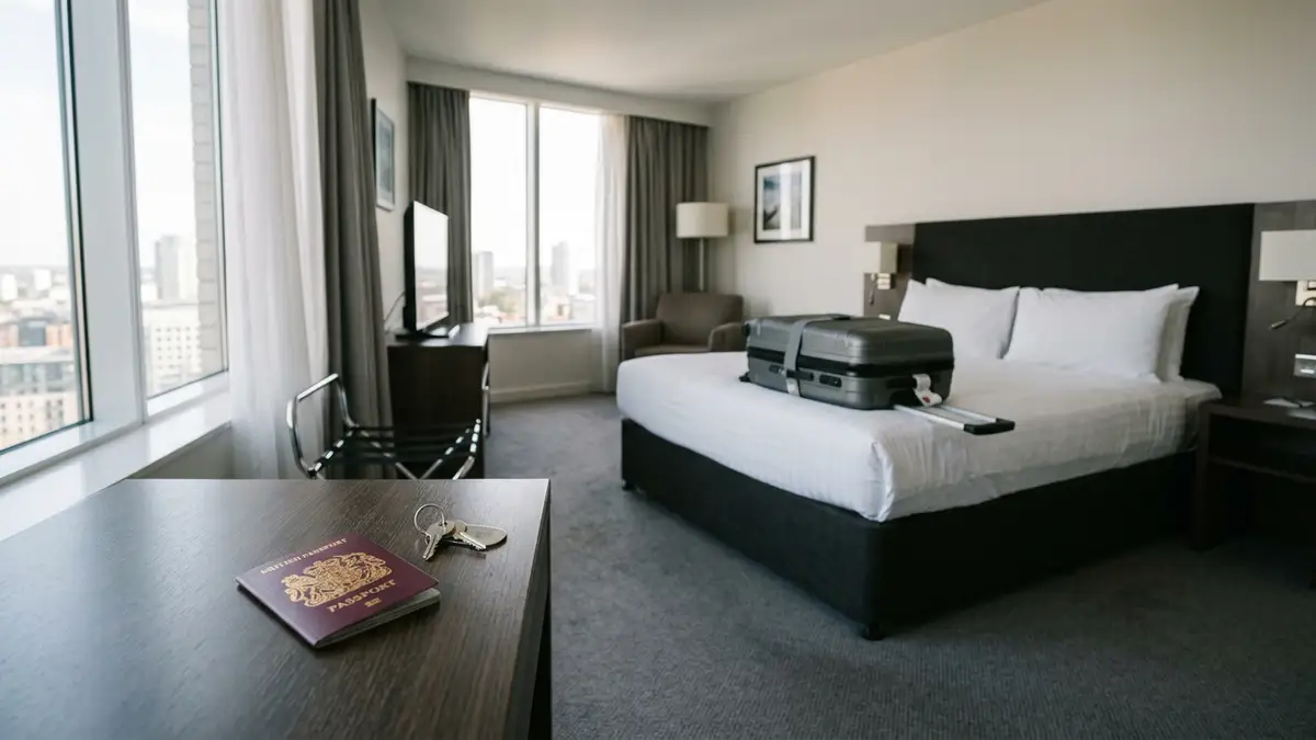 A packed suitcase on a hotel bed next to keys and a passport.