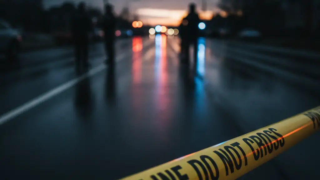 Police tape with blurred emergency lights reflecting on a wet road.