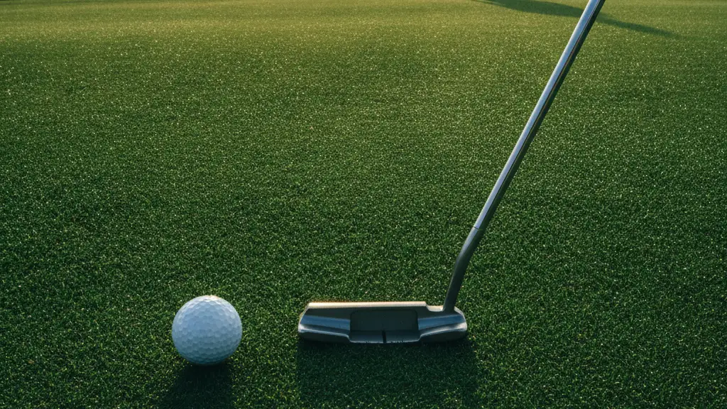 Golf club and ball on green grass, silhouette of golfer in distance.