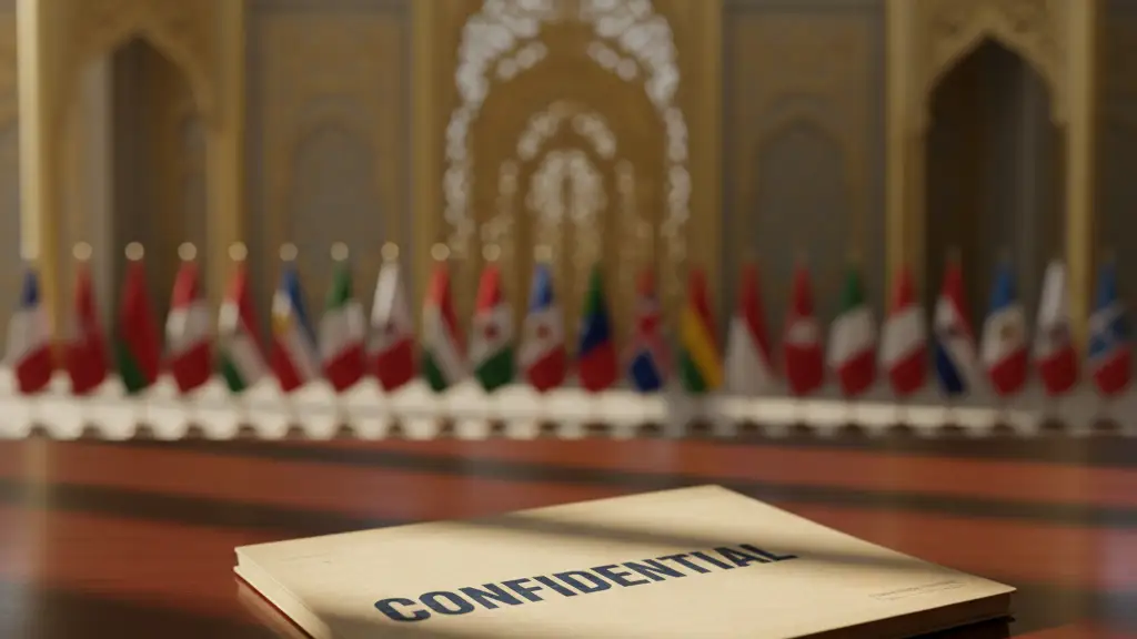 A closed confidential folder on a desk with blurred international flags in the background.