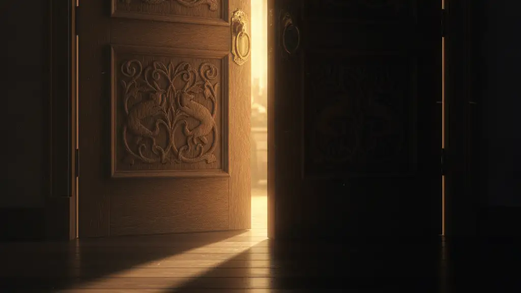 Ornate wooden door slightly ajar, golden light spilling onto a dark floor.