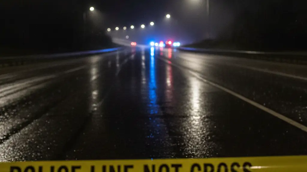 Police tape in foreground, blurred emergency lights reflecting on wet road at night.