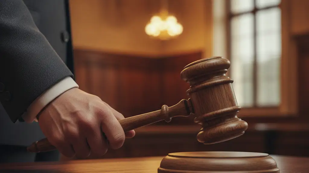 A hand in a dark suit firmly grasps a wooden gavel on a polished desk.