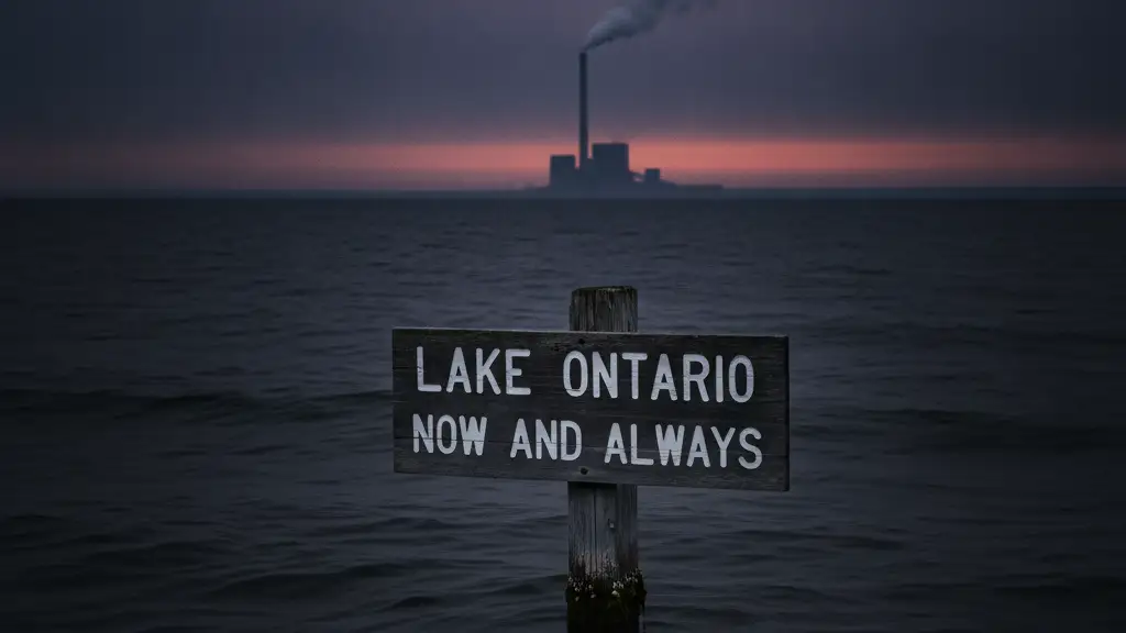 Weathered 'Lake Ontario Now and Always' sign in a dark lake at dusk.