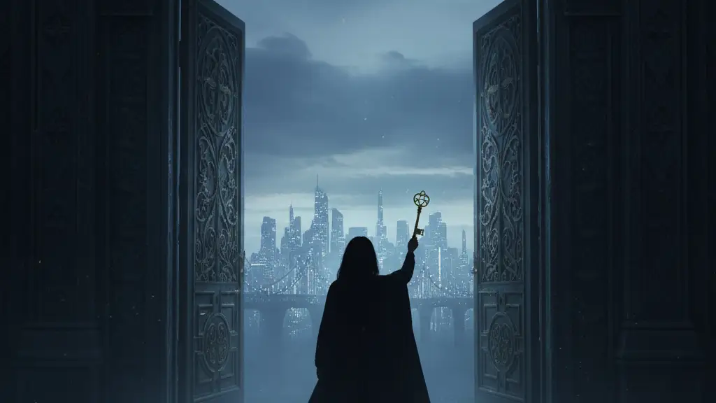 Silhouette of a person holding a key at a grand doorway, hinting at new agreements.