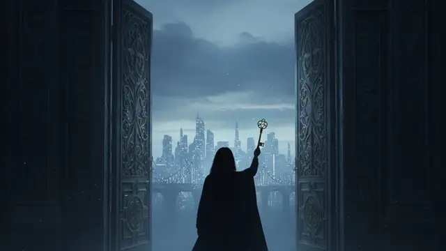 Silhouette of a person holding a key at a grand doorway, hinting at new agreements.