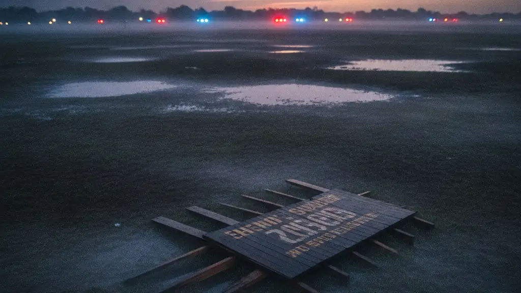 Empty festival field at dusk with a broken sign on the ground and distant emergency lights.