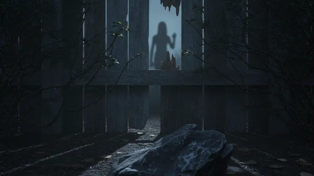 A jagged rock on damp earth beside a weathered fence, with a blurred figure in the background.