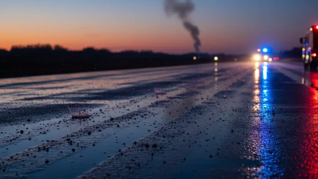 Emergency lights reflecting on wet tarmac with distant smoke, after an airport incident.