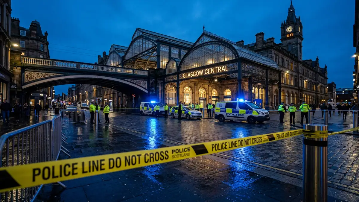 Glasgow Central Station exterior at night with blue emergency lights reflecting on wet pavement.
