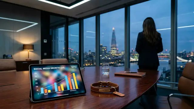 A corporate boardroom table with a tablet showing marketing data and a pet collar.