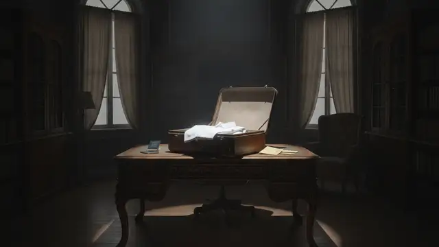 Vintage leather suitcase on a grand desk in a shadowed, opulent office.