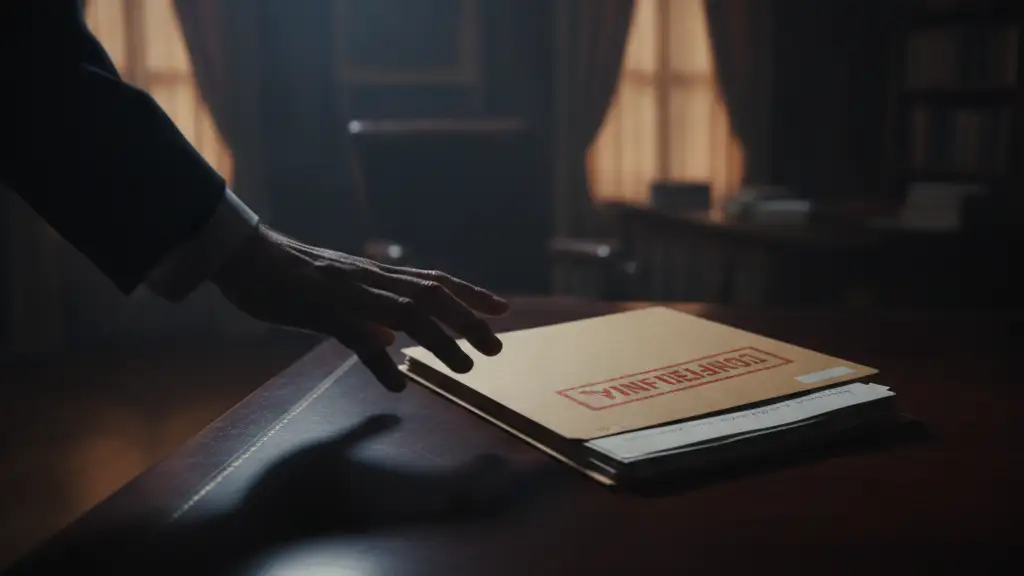 A confidential file folder on a desk, a hand reaching towards it.