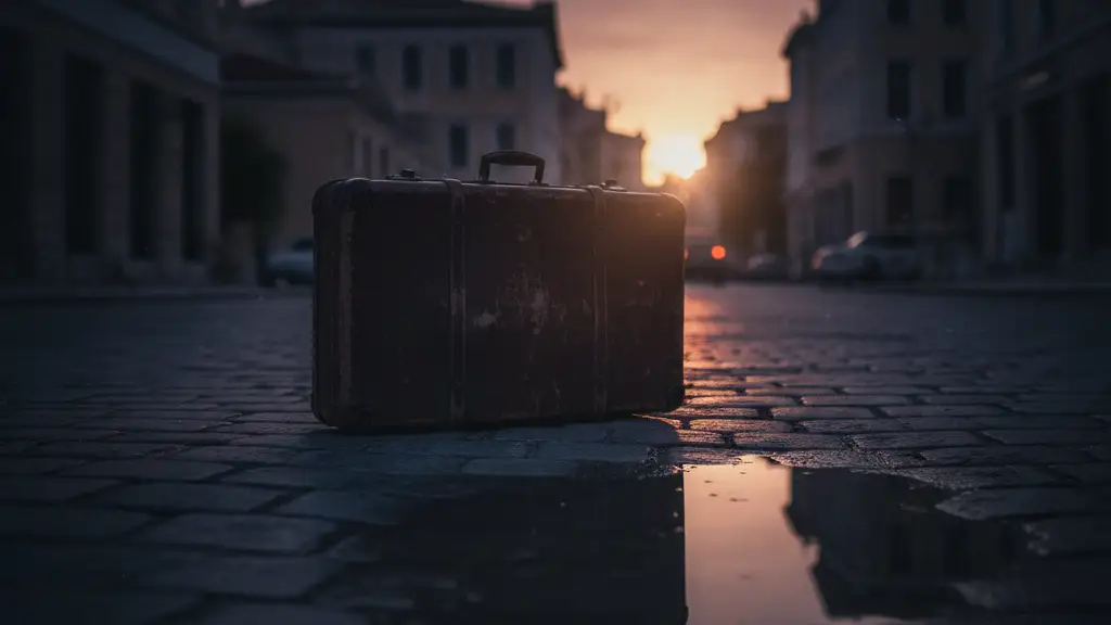 A vintage, worn leather suitcase on a cobblestone street at dusk.