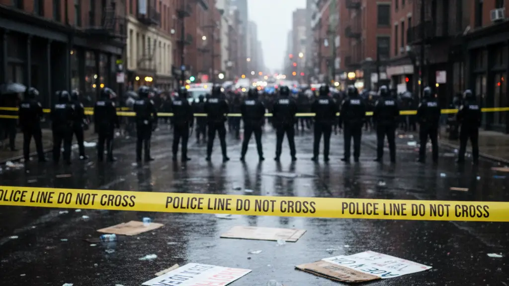 Police tape across a wet street after a protest, with officers in the distance.