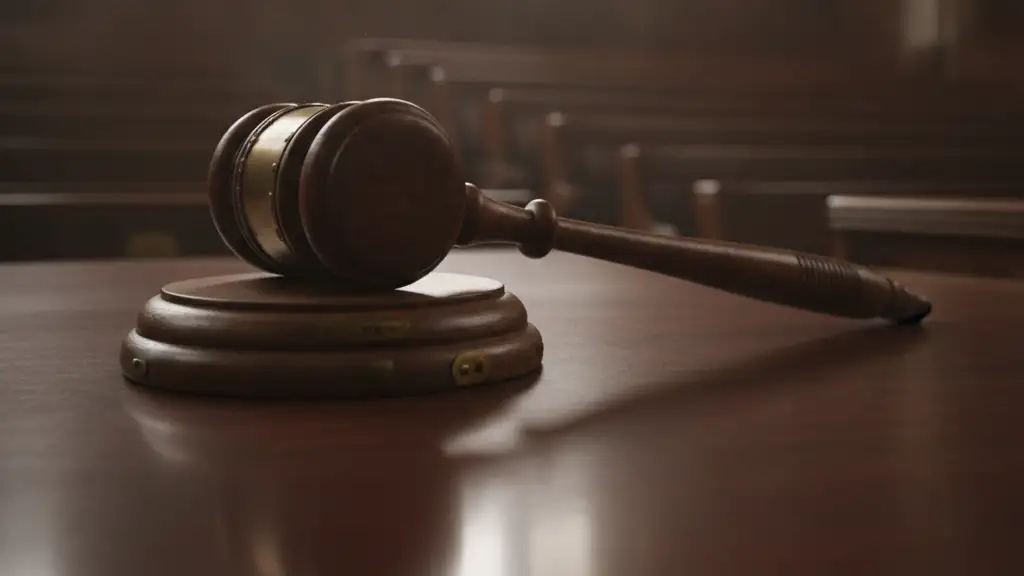 A heavy wooden gavel rests on a polished mahogany desk in a dimly lit chamber.