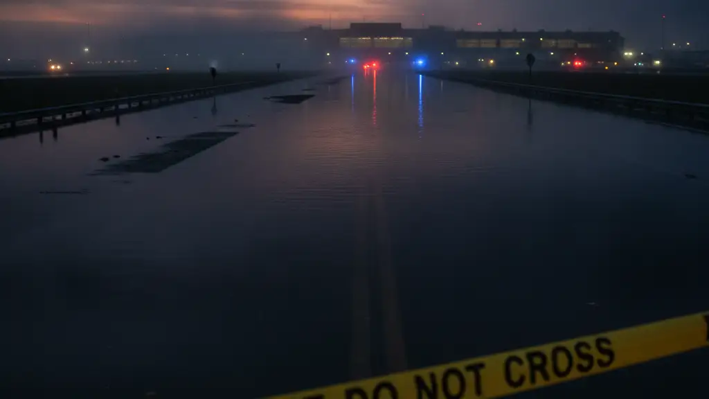 Flooded airport road with emergency light reflections and police tape.