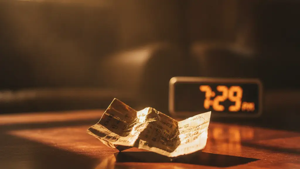 A single, slightly crumpled golden lottery ticket on a dark, polished table.