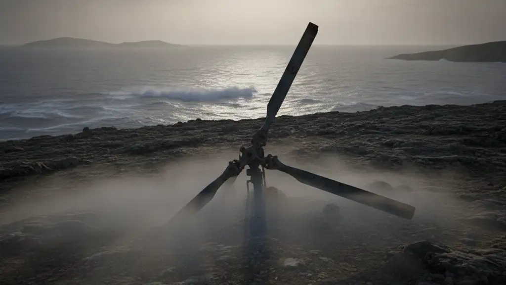 A single helicopter rotor blade lies on a rocky island, partially obscured by mist.
