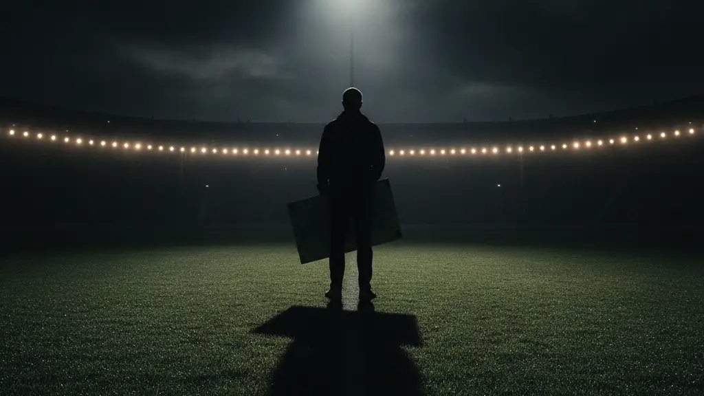 Silhouetted football manager on an empty pitch under a spotlight, holding a tactical board.