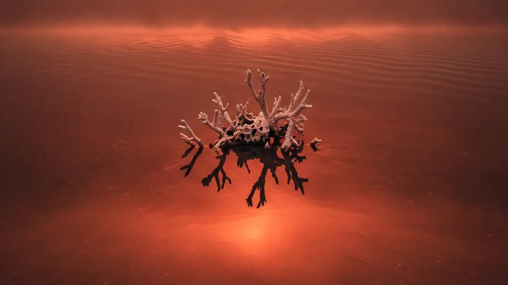Parched coral reef barely visible under unnaturally still, shimmering, red-orange ocean water.
