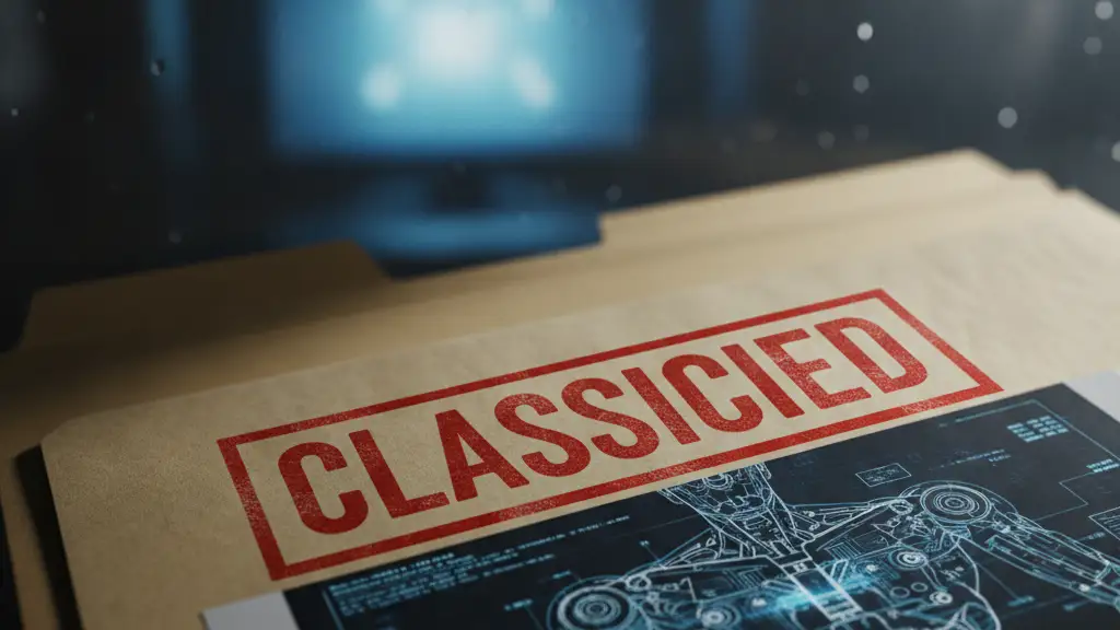 Close-up of a 'CLASSIFIED' stamp on a file folder with robot schematics.