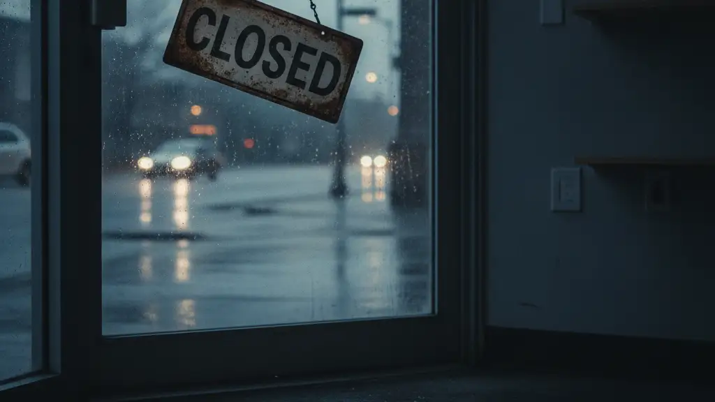 A 'CLOSED' sign on a dark, empty store door, with a discarded tile on wet pavement.
