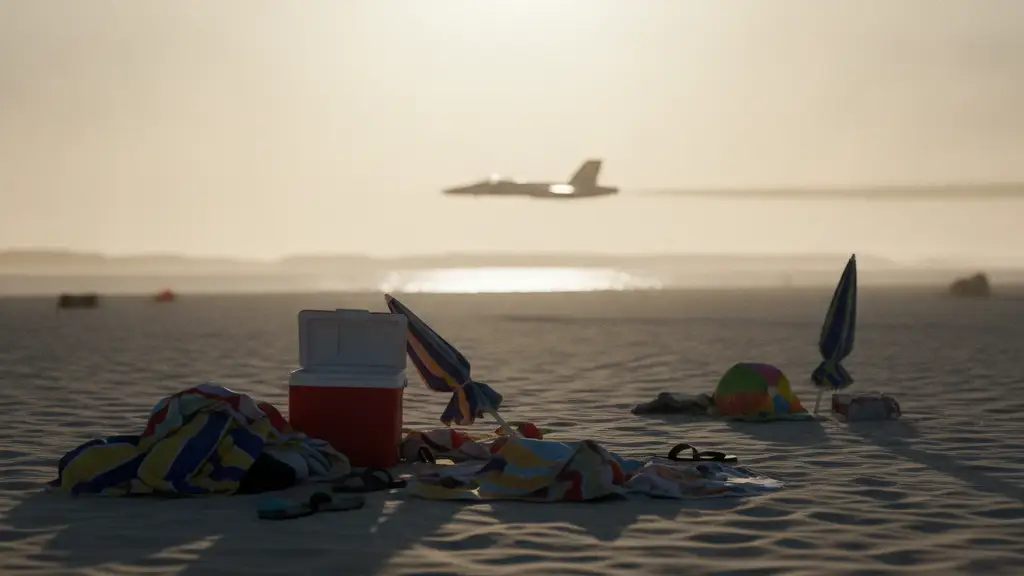 Scattered beach belongings on sand with a blurred jet in the distant sky.