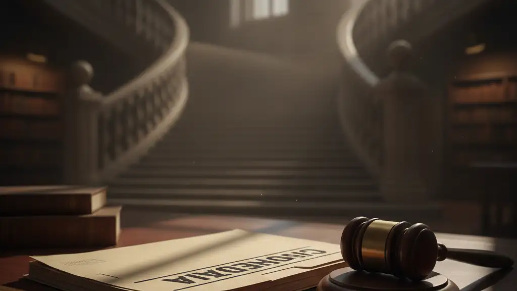 Confidential file and gavel on a desk, dramatic lighting.
